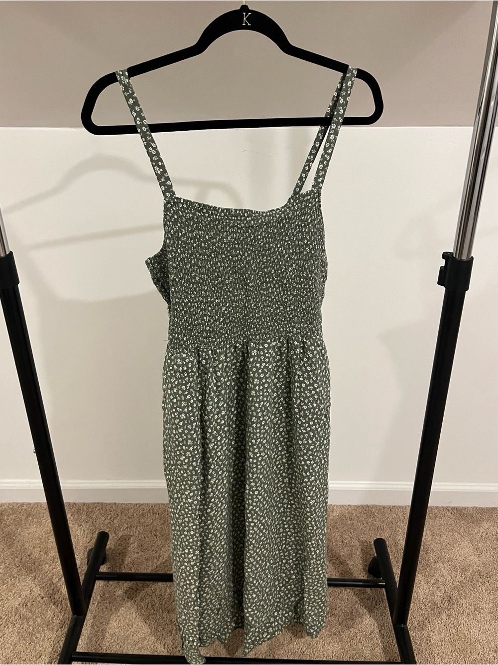 Old Navy Olive Green Floral Smocked Midi Dress